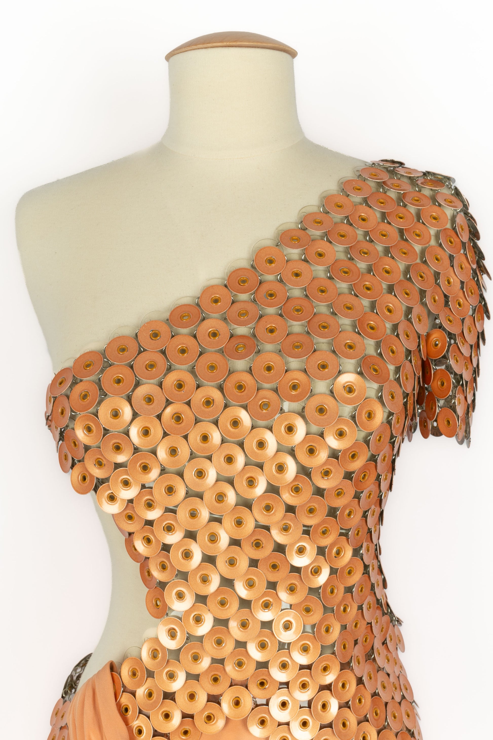 rabanne orange dress RABANNE Crystal-embellished printed stretch-jersey midi dress