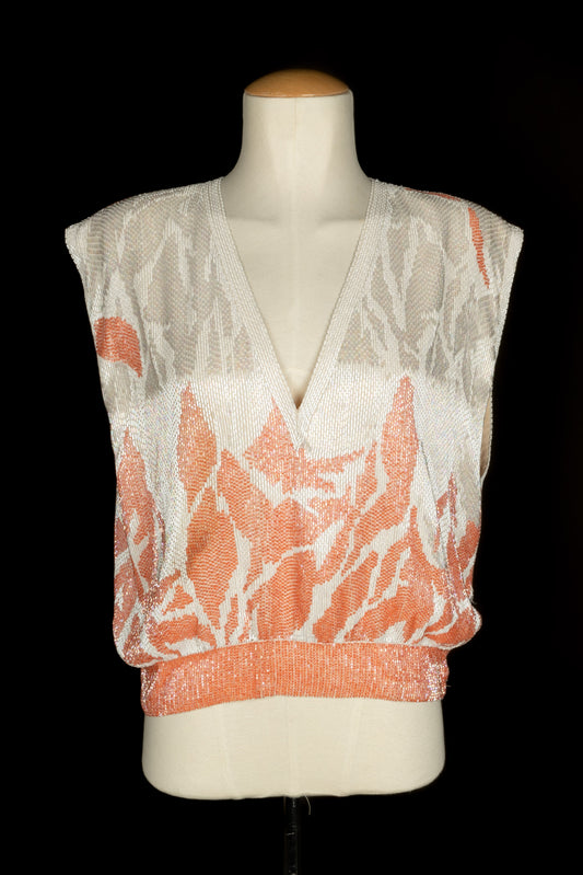 Haut perlé blanc et corail Louis Féraud Haute Couture 