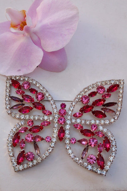 Broche papillon à strass roses et blancs