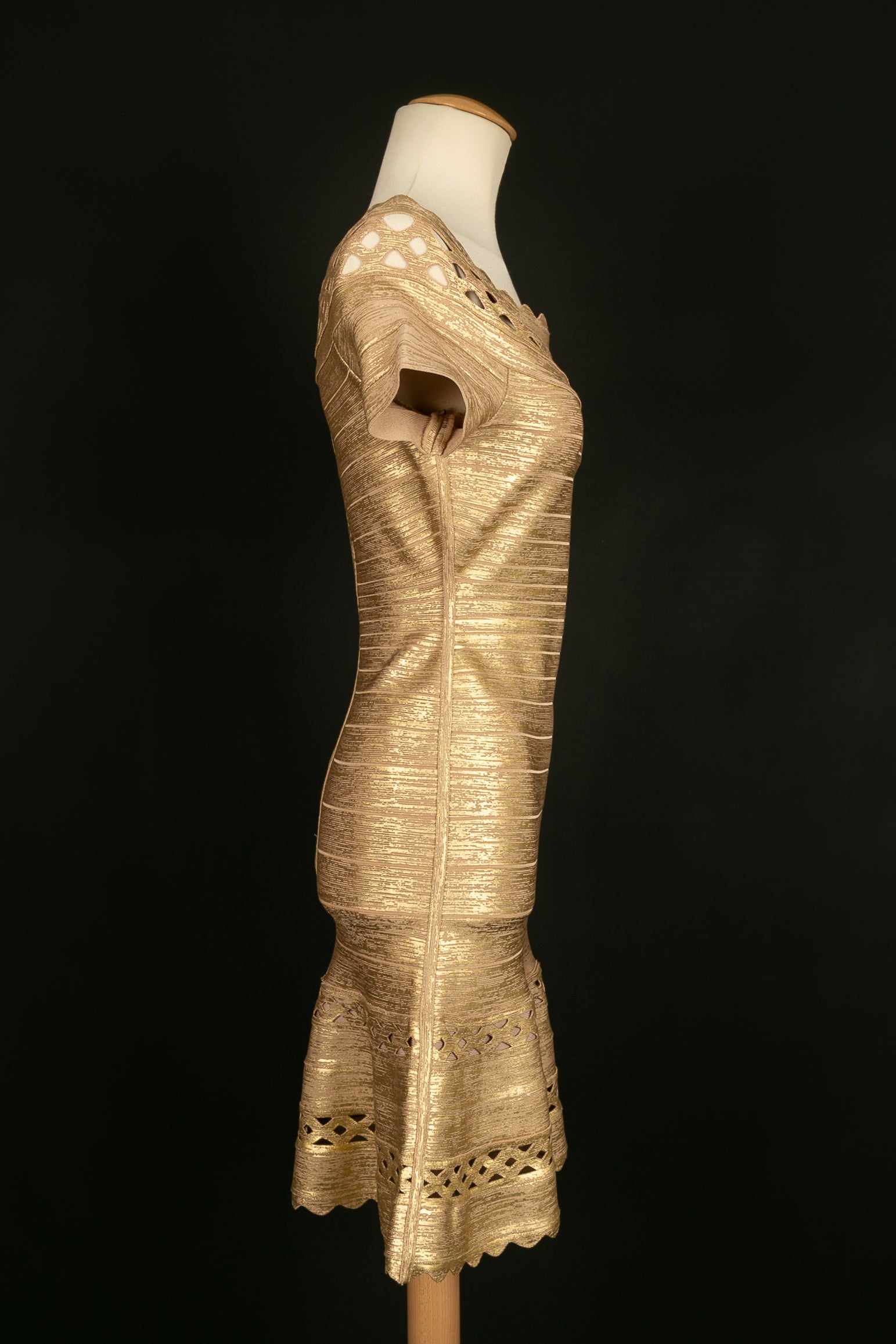 herve leger gold dress Herve Leger Metallic Sweetheart Neck Bandage Gown