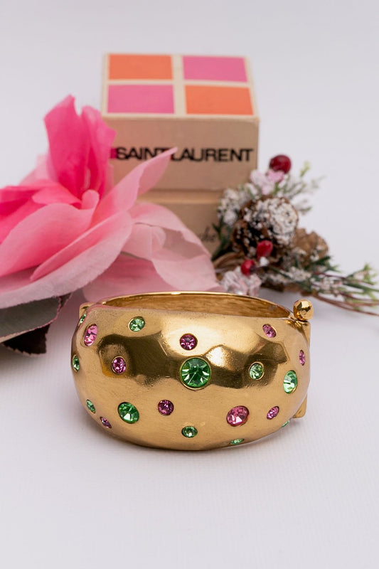 Yves Saint Laurent golden cuff bracelet with rhinestones