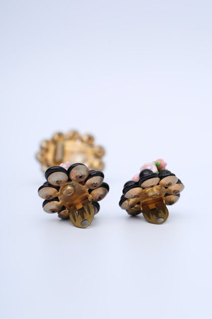 Earrings and brooch set in gilded metal and glass paste representing flowers