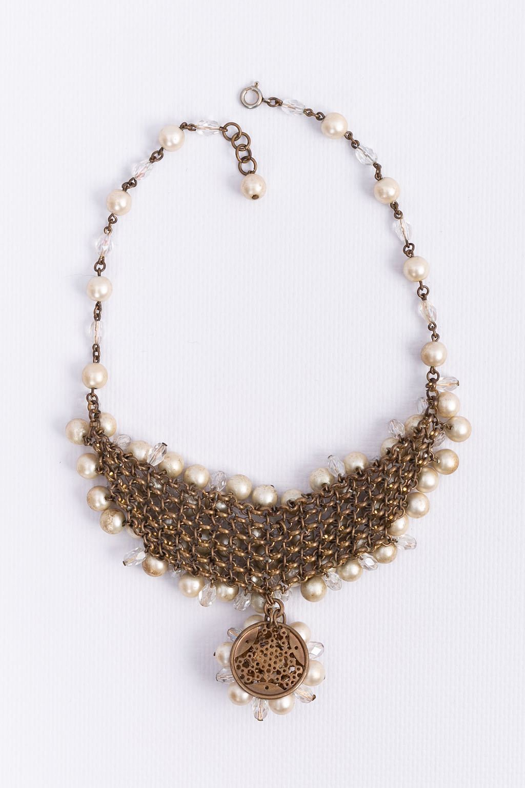CHANEL PARIS-EGYPT HAMMERED DISC & PEARL BIB NECKLACE