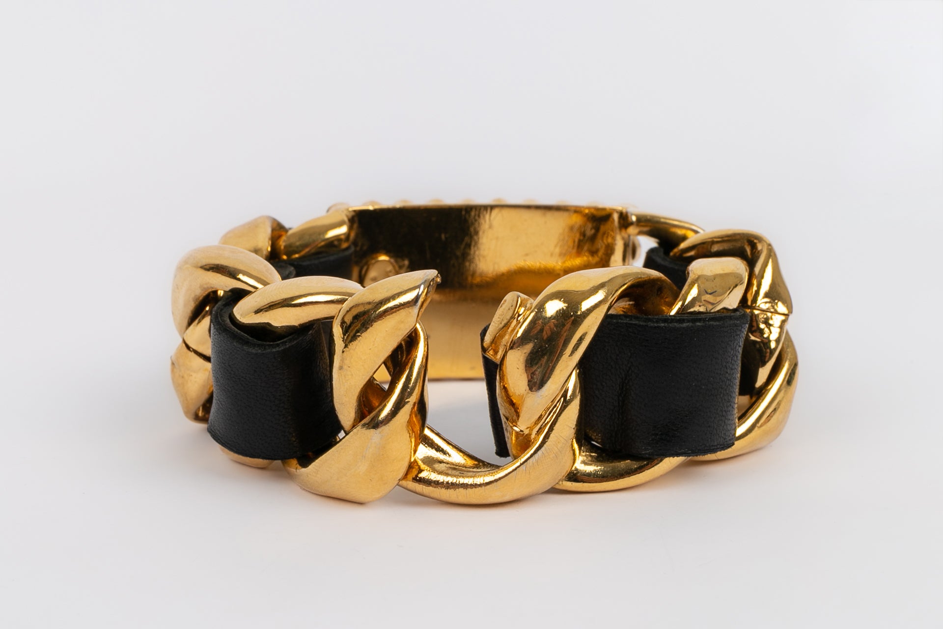 Chanel Gold Black Leather Braid CC Cuff Bangle Bracelet Gold tone – LLBazar